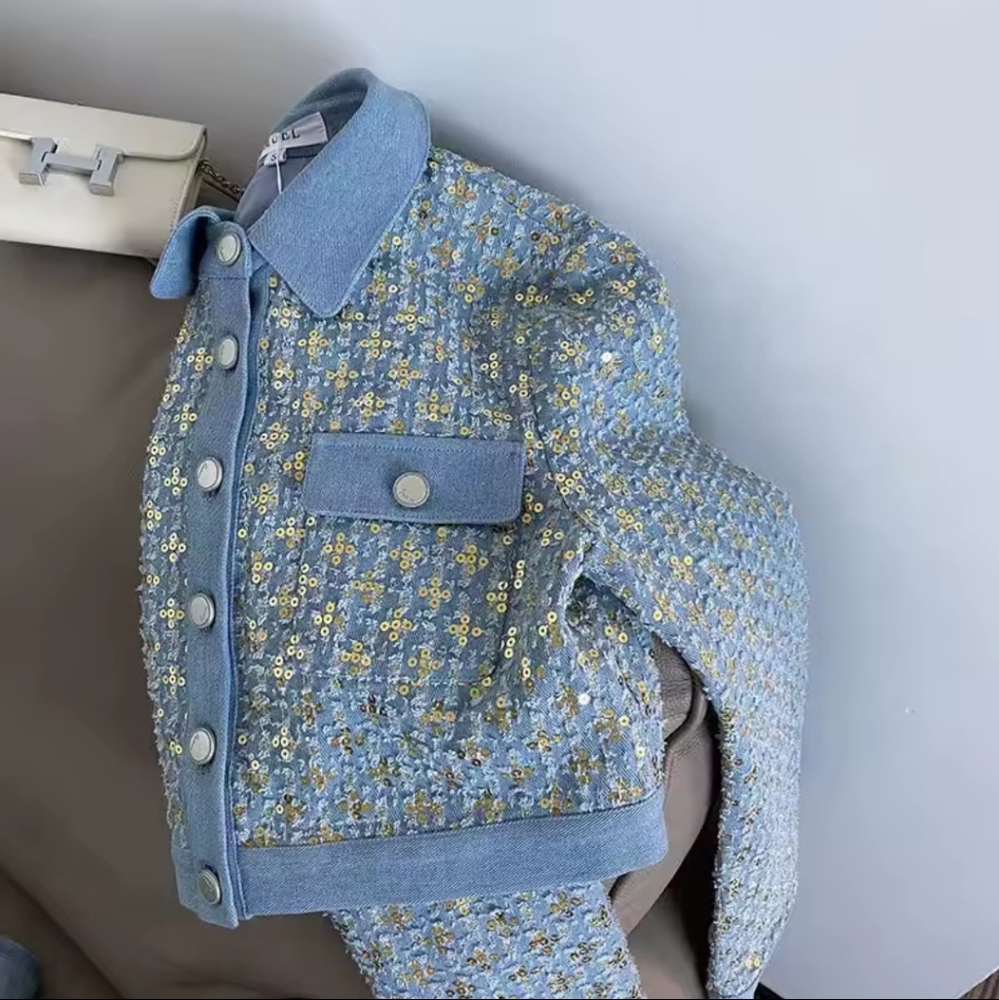 Fashion Denim Patchwork Women's Set SweatshirtJacket and Wide Leg Pants Suit - Picture 2 of 6